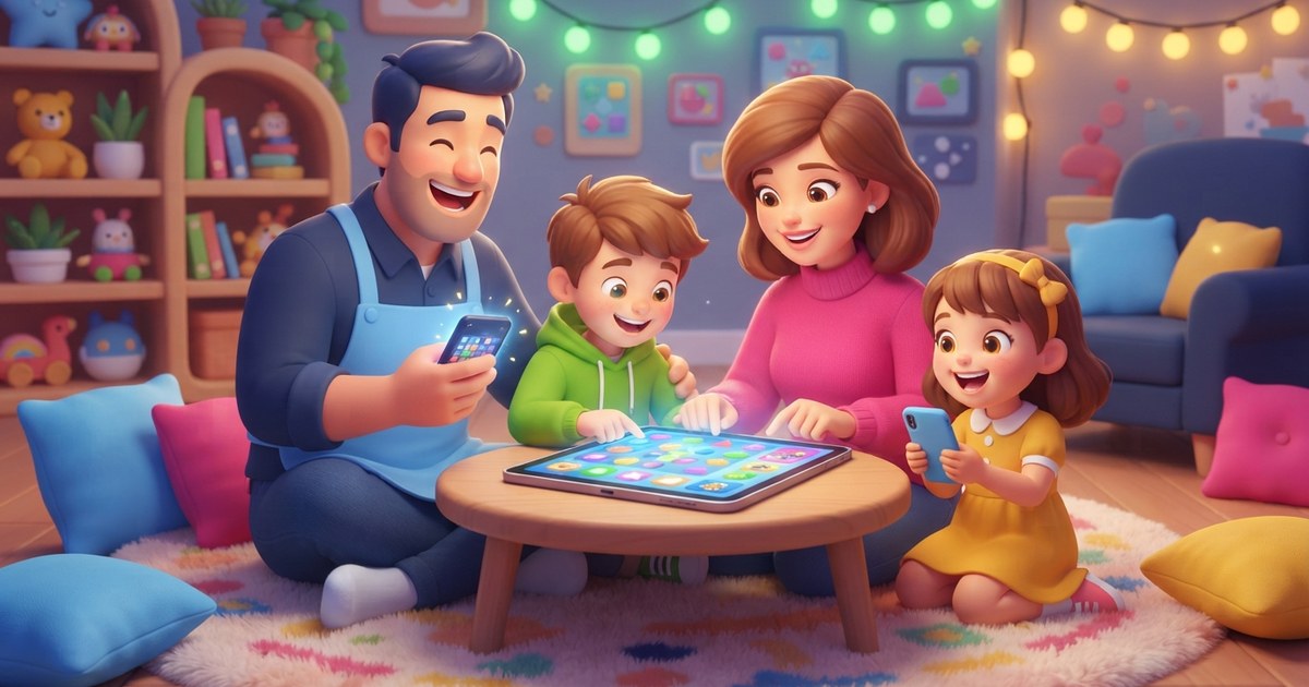 Cartoon 3D illustration of a mixed-age family enjoying aarp games together on phones and a tablet