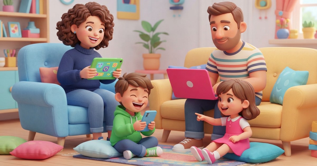 A family enjoying a relaxed shared browser game night inspired by spider solitaire games